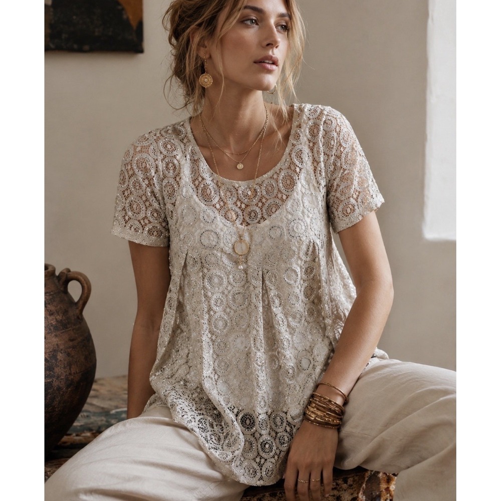 Anthropologie Akemi + Kin Lace Top S Lyra‎ Sheer Swing Metallic Beige Open Knit